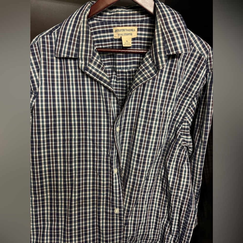 Duluth Trading XL Wrinkle Fighter Button Up L/S Blue Plaid Cotton Shirt